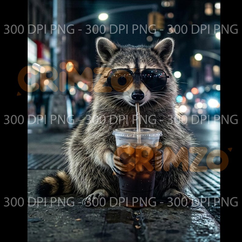Raccoon Drinking Iced Coffee PNG, Retro Animal Meme Art (digital ...