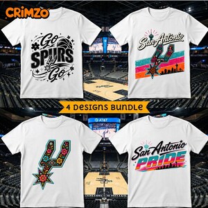May include: A bundle of four white t-shirts featuring San Antonio Spurs basketball graphics. The designs include text reading Go Spurs Go, San Antonio, and San Antonio Pride, alongside basketball, floral, and city skyline illustrations.
