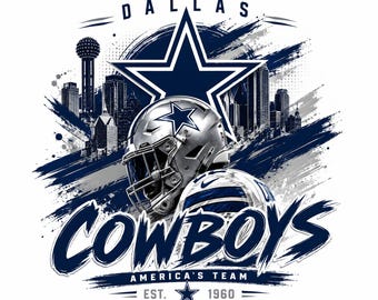 May include: A graphic design featuring a navy blue star, a silver football helmet, and the Dallas skyline. The text reads DALLAS, COWBOYS, AMERICA'S TEAM, and EST. 1960 with a small star icon. The design uses navy blue, silver, and white colors.