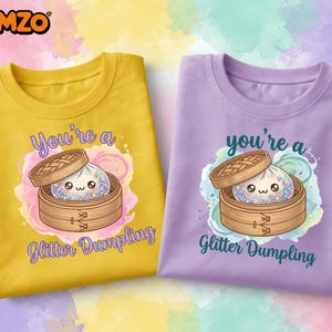 May include: Two t-shirts, one yellow and one purple, each with a graphic of a dumpling in a bamboo steamer. The text "You're a Glitter Dumpling" is above and below the dumpling illustration. The Crimzo logo is in the top left corner.