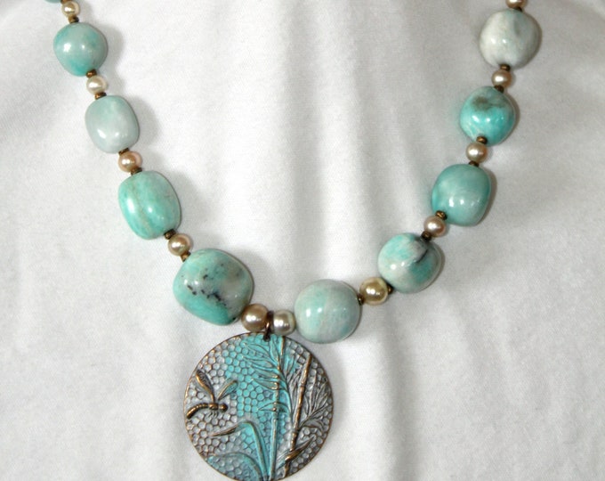 Aqua Chalcedony and Pearl with Dragonfly Pendant Necklace