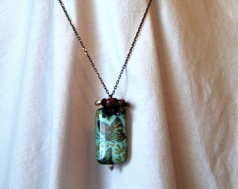 Chinese Butterfly Bead Pendant on Long Black and Copper Chain Necklace