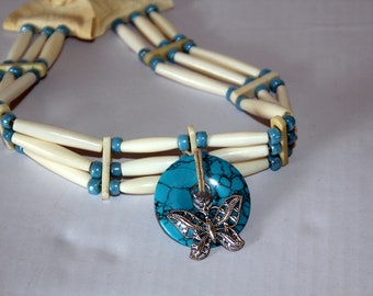 White Bone Woman's Choker with Turquoise(Dyed Howlite) and Butterfly Charm