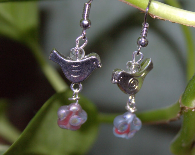 Silver Birds and Glass Flower Earrings