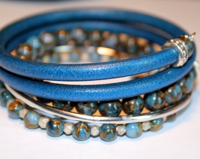 Blue and Earth Toned Jasper Beads and Leather Memory Wire Wrist Wrap Cuff Bracelet- Large Sized 8" to 9 1/2" (Unisex)