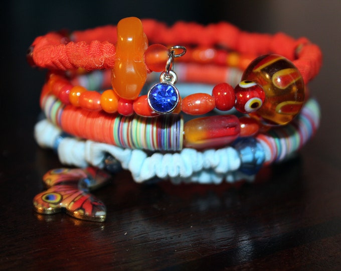 Caribbean Orange and Blue Beads and Ribbon Ruffle Memory Wire Wrist Wrap Bracelet