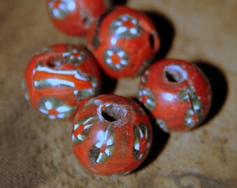Old Glass Trade Beads (5) Reddish Orange Chevron (Black, Green and White)