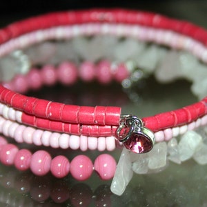 Pink Heishi and Rose Quartz Wrap Cuff Stackable Bracelet