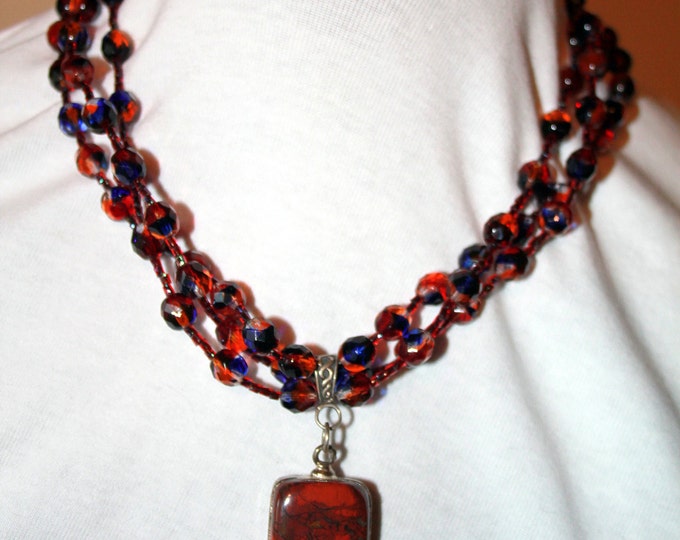 Red Jasper Pendant with Red and Blue Venetian Glass Faceted Beads