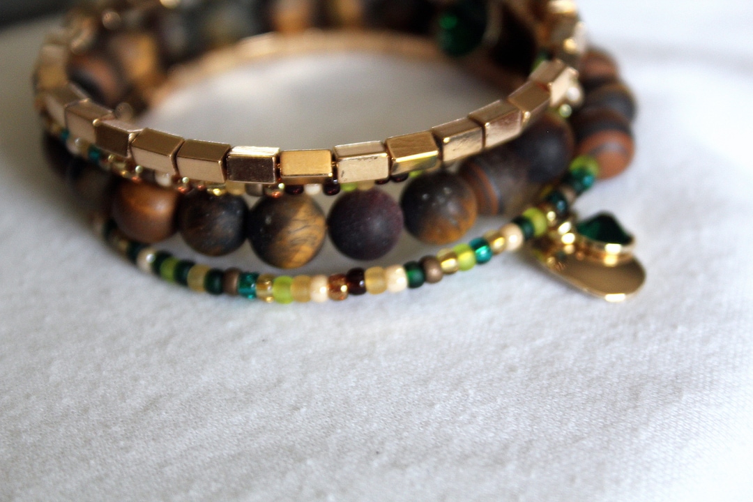 Cat's Eye Agate and Brass Bead Wrist Wrap Stackable Cuff Bracelet Etsy