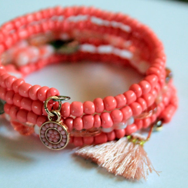 Coral Seed Bead and Czech Glass Flower Memory Wire Wrist Wrap Cuff Bracelet