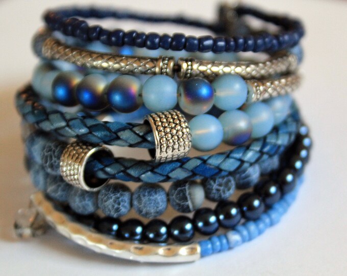 Crackle Lapis and Silver Wrist Wrap Memory Wire Cuff Bracelet