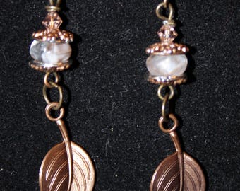 Dark Brass and Copper Leaf Dangle Earrings with Crystal Bead