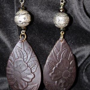 Stamped Dark Brown Leather and Silver Floral Bead Earrings
