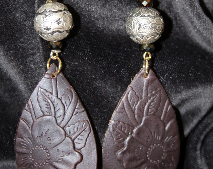 Stamped Dark Brown Leather and Silver Floral Bead Earrings