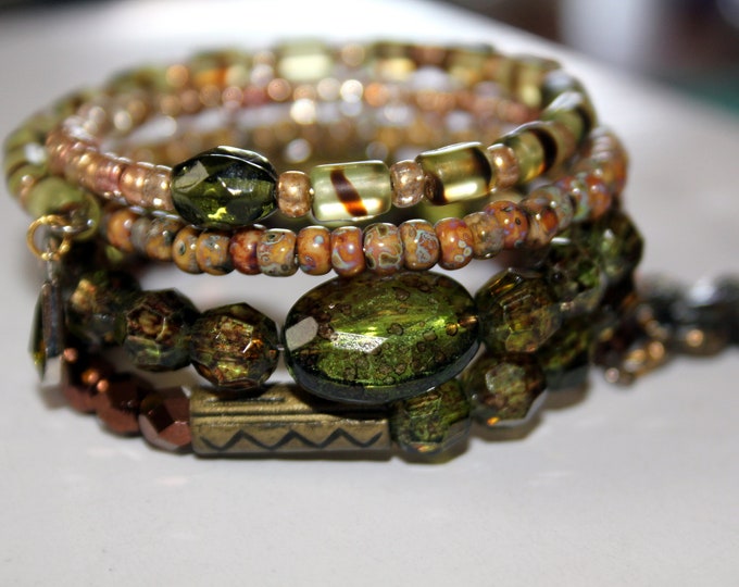 Green Vintage Tiger Striped Bead and Picasso Czech Bead Wire Wrap Cuff Bracelet