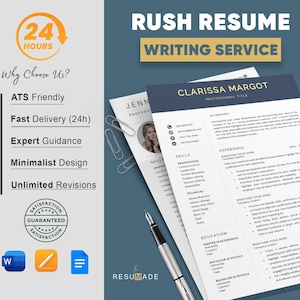 May include: A professional resume writing service advertisement. The image features two resumes, a pen, and icons. Text includes "Rush Resume Writing Service", "Fast Delivery (24h)", and "Unlimited Revisions". The resumes have a blue and white color scheme.