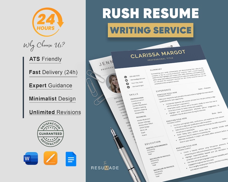 May include: A professional resume writing service advertisement. The image features two resumes, a pen, and icons. Text includes "Rush Resume Writing Service", "Fast Delivery (24h)", and "Unlimited Revisions". The resumes have a blue and white color scheme.