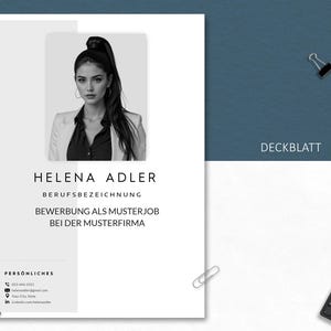 May include: A resume template with a headshot of a woman, the name "Helena Adler", and contact information. The document is primarily white with black text and a gray background for the photo. The word "Deckblatt" is visible.