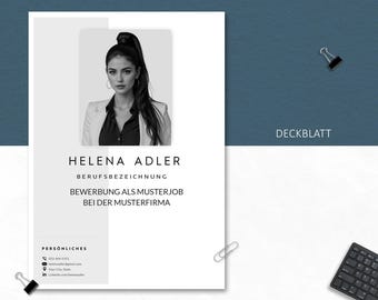 May include: A resume template with a headshot of a woman, the name "Helena Adler", and contact information. The document is primarily white with black text and a gray background for the photo. The word "Deckblatt" is visible.