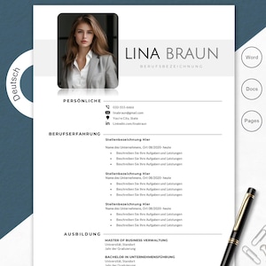 May include: A professional resume template with a photo of a woman in a blazer. The resume includes sections for personal information, work experience, and education. The text includes the name "Lina Braun" and the word "Deutsch".