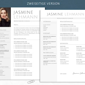 Zweiseitige Lebenslauf Vorlage für Jasmine Lehmann mit modernem, hellem Design. Erste Seite zeigt Profil und Berufserfahrung, zweite Seite enthält Interessen, Ehrenamt, Weiterbildung und Referenzen.