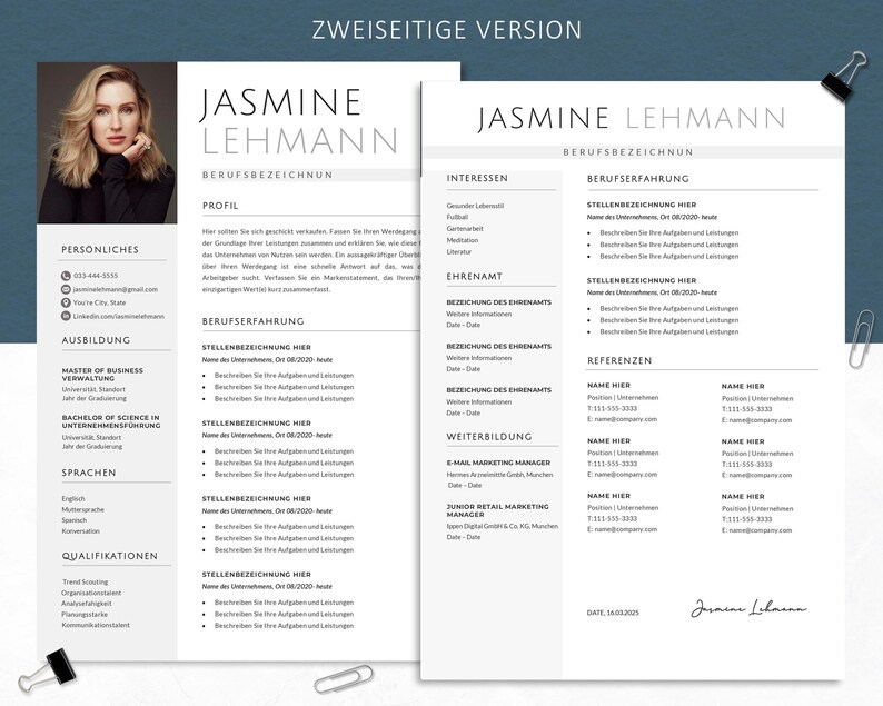 Zweiseitige Lebenslauf Vorlage für Jasmine Lehmann mit modernem, hellem Design. Erste Seite zeigt Profil und Berufserfahrung, zweite Seite enthält Interessen, Ehrenamt, Weiterbildung und Referenzen.