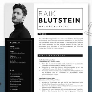 May include: A black and white resume template featuring a headshot of a man in a black turtleneck. The resume includes contact information, a profile section, and sections for work experience and skills. Paper clips and a binder clip are visible.