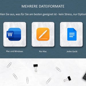 Pu&ograve; includere: Un grafico digitale con il testo "MEHRERE DATEIFORMATE" e "W&auml;hlen Sie aus, was f&uuml;r Sie am besten geeignet ist - kein Stress, nur Optionen!". L'immagine presenta tre icone: un logo "W" blu, una penna su un quadrato arancione e un'icona di documento blu.