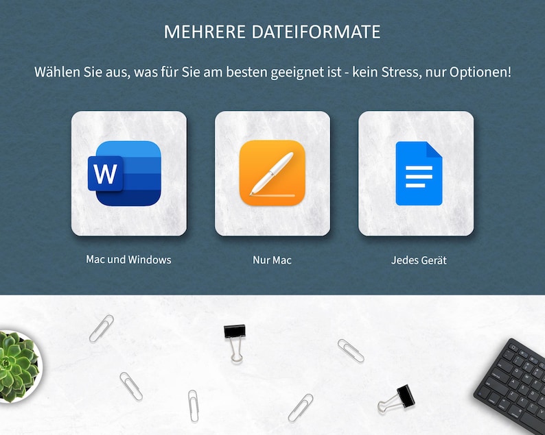 Pu&ograve; includere: Un grafico digitale con il testo "MEHRERE DATEIFORMATE" e "W&auml;hlen Sie aus, was f&uuml;r Sie am besten geeignet ist - kein Stress, nur Optionen!". L'immagine presenta tre icone: un logo "W" blu, una penna su un quadrato arancione e un'icona di documento blu.