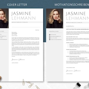 Zweiteilige Vorlage mit linkem englischen Cover Letter und rechtem deutschen Motivationsschreiben mit Kurzprofil, Stärken und Erfahrungen – elegantes, helles Layout.