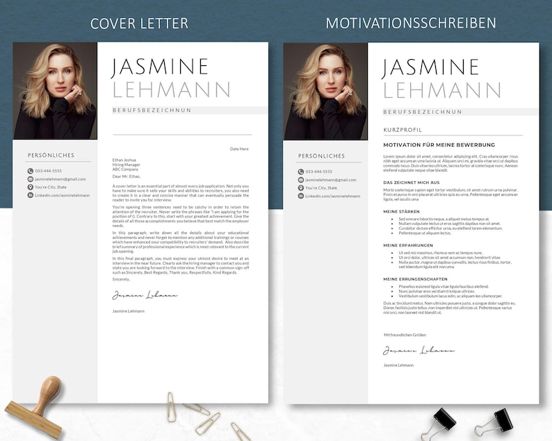 Zweiteilige Vorlage mit linkem englischen Cover Letter und rechtem deutschen Motivationsschreiben mit Kurzprofil, Stärken und Erfahrungen – elegantes, helles Layout.