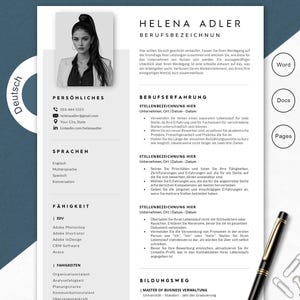 May include: A monochrome professional resume template with a woman's headshot. The resume includes sections for personal details, skills, and work history. A pen, paper clips, and document icons are also visible in the image.