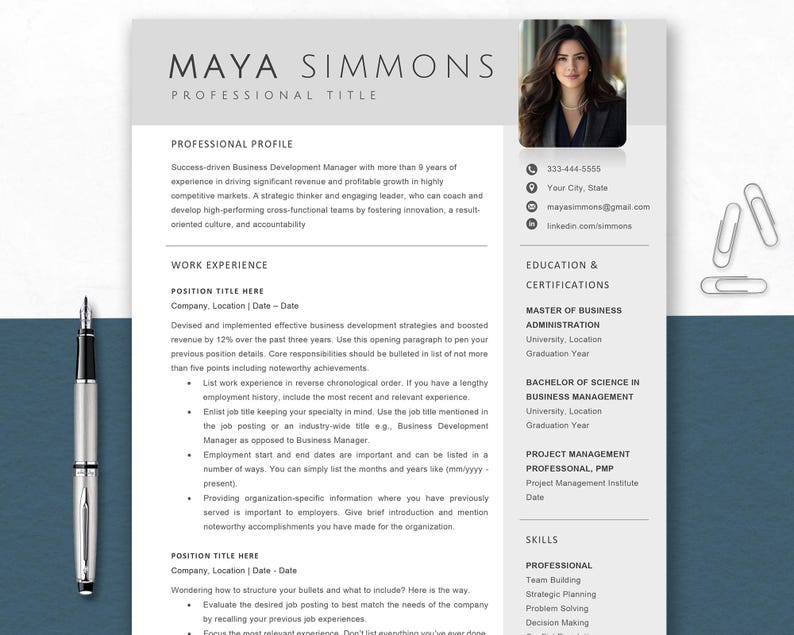 May include: A resume template with the name "MAYA SIMMONS" at the top. The resume includes sections for professional profile, work experience, education, certifications, and skills. A photo of a woman is in the upper right corner, with contact information below.