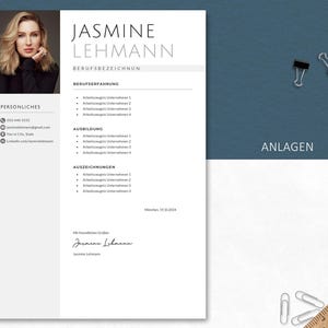 Moderne Anlagen-Seite im minimalistischen Stil mit Foto, Kontaktfeld und Listen für Berufserfahrung, Ausbildung und Auszeichnungen. Enthält Unterschrift und Datum.