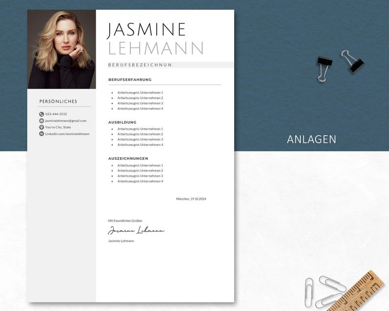 Moderne Anlagen-Seite im minimalistischen Stil mit Foto, Kontaktfeld und Listen für Berufserfahrung, Ausbildung und Auszeichnungen. Enthält Unterschrift und Datum.
