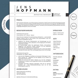 Puede incluir: Una plantilla de currículum vitae en blanco y negro con el nombre "Jens Hoffmann" y el título "Marketing Manager" en la parte superior. El currículum incluye secciones para perfil, experiencia laboral, idiomas e intereses. Un bolígrafo y clips están a la derecha.