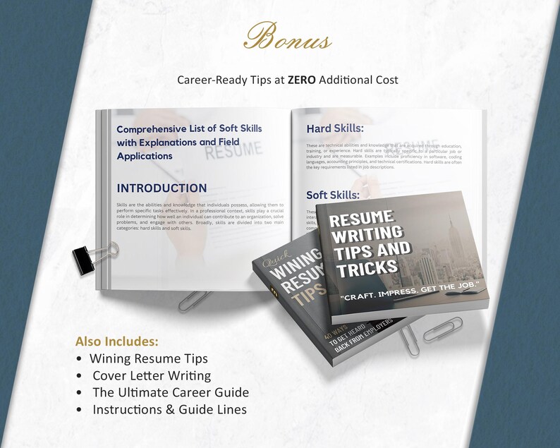May include: An open book with text about soft skills and resume writing tips, along with two small books titled "Resume Writing Tips and Tricks." The image includes the text "Career-Ready Tips at ZERO Additional Cost."
