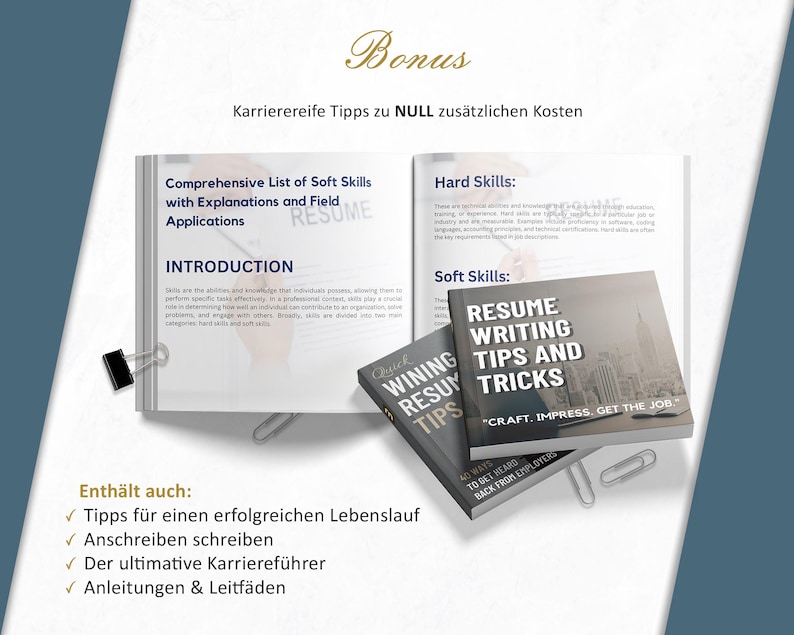 Visual des Bonus-Inhalts: E-Books mit Tipps zu Soft Skills, Hard Skills und Bewerbungsschreiben. Inklusive Checklisten, Leitfäden und Karriere-Tipps – kostenlos enthalten.