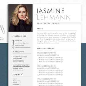 May include: A professional resume template with a headshot of a woman, contact information, education, and work experience sections. The resume is in a clean, modern design with a light gray and white color scheme. The name "Jasmine Lehmann" is prominently displayed at the top.
