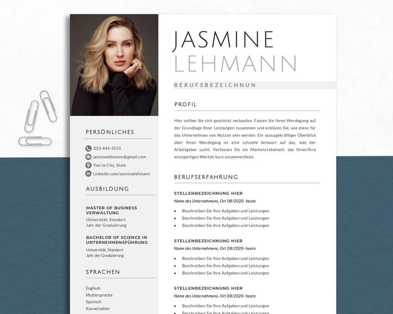 May include: A professional resume template with a headshot of a woman, contact information, education, and work experience sections. The resume is in a clean, modern design with a light gray and white color scheme. The name "Jasmine Lehmann" is prominently displayed at the top.