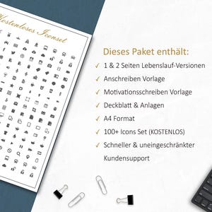 Pu&ograve; includere: Un foglio bianco con una raccolta di icone nere e il testo "Kostenloses Iconset". Il testo "Dieses Paket enth&auml;lt:" &egrave; visibile, insieme a un elenco di elementi inclusi. Sono presenti anche una piccola tastiera e delle graffette.