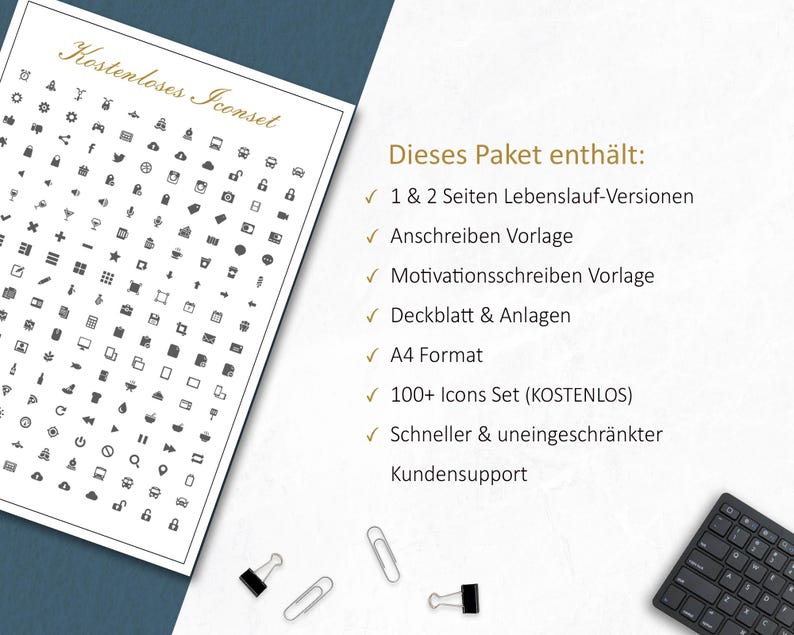 Pu&ograve; includere: Un foglio bianco con una raccolta di icone nere e il testo "Kostenloses Iconset". Il testo "Dieses Paket enth&auml;lt:" &egrave; visibile, insieme a un elenco di elementi inclusi. Sono presenti anche una piccola tastiera e delle graffette.