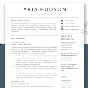 May include: A professional resume template with the name "ARIA HUDSON" at the top. The resume includes sections for professional profile, work experience, education, certifications, and skills. Paper clips and a binder clip are on the left and right.