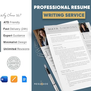 "Professional resume writing service mockup featuring modern minimalist template, ATS-friendly design, fast delivery, and expert guidance by Resumade."