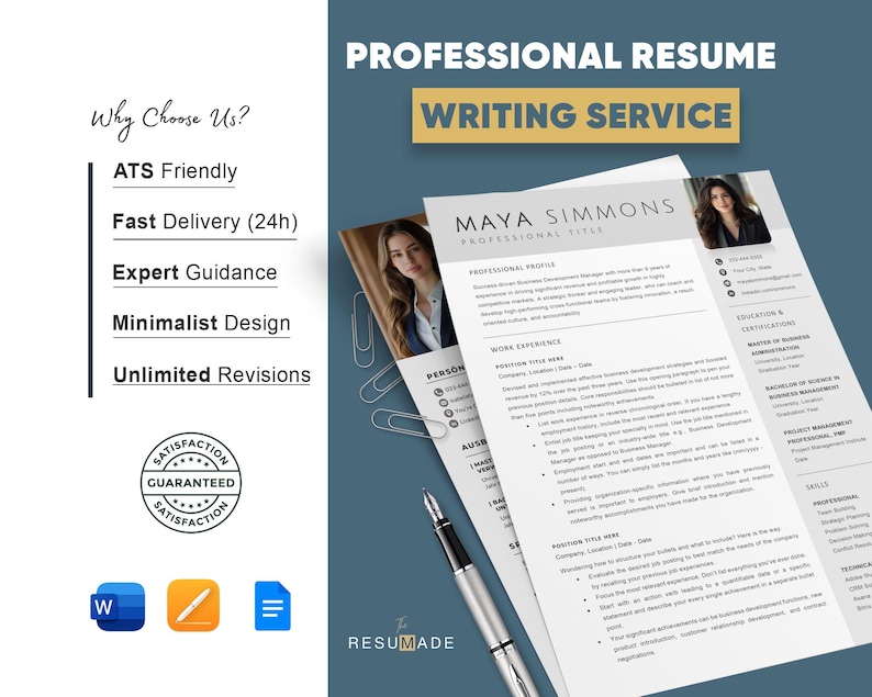 "Professional resume writing service mockup featuring modern minimalist template, ATS-friendly design, fast delivery, and expert guidance by Resumade."