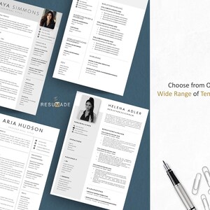 May include: A collection of resume templates with various layouts and designs. Each resume features a professional headshot and sections for work experience, education, and skills. The text "Choose from Our Wide Range of Templates" is visible.