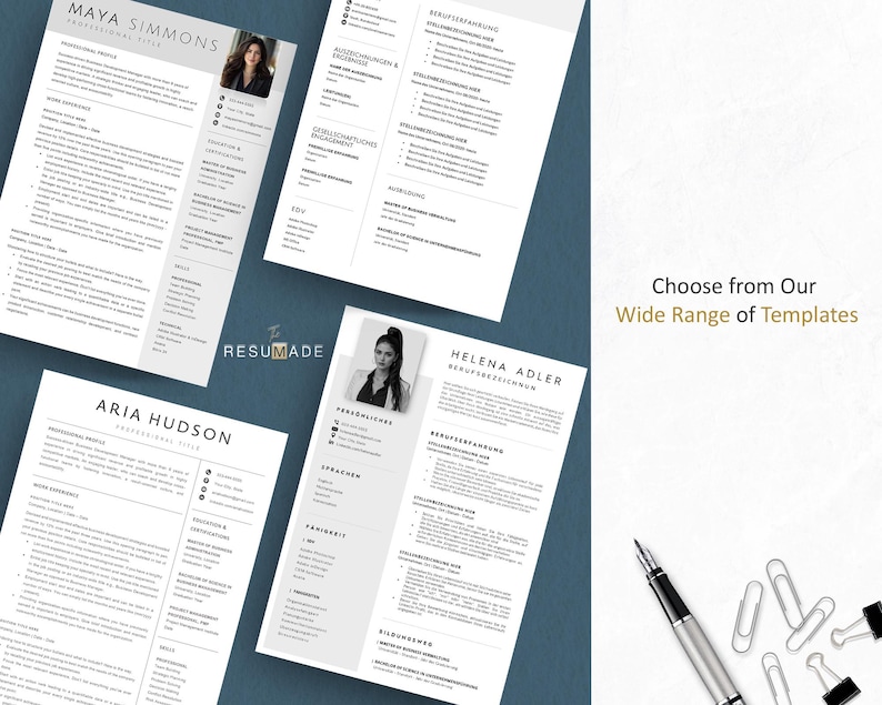 May include: A collection of resume templates with various layouts and designs. Each resume features a professional headshot and sections for work experience, education, and skills. The text "Choose from Our Wide Range of Templates" is visible.