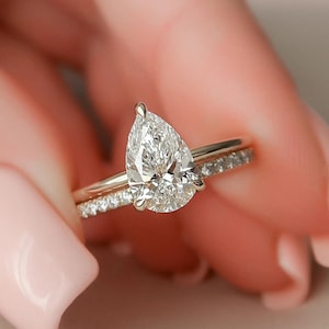 2.00 CT Pear Cut Moissanite Solitaire Hidden Halo Bridal Engagement Ring Set, Moissanite Ring Set, Vintage Bridal Set, Art Deco 14k/18k Gold