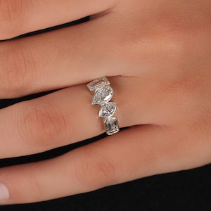 Multi-Shape Moissanite Eternity Ring: Bezel Set Cluster Wedding Band